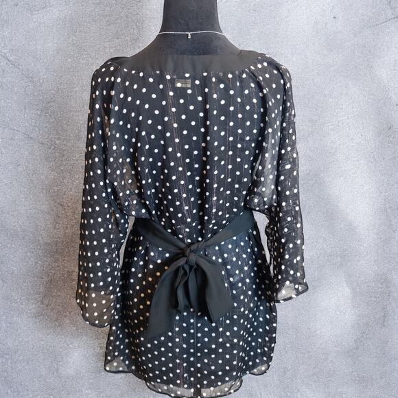 Vintage Y2K Notations Sheer Black Polka Dot Metallic Stripe Empire Waist Blouse - Picture 3 of 9